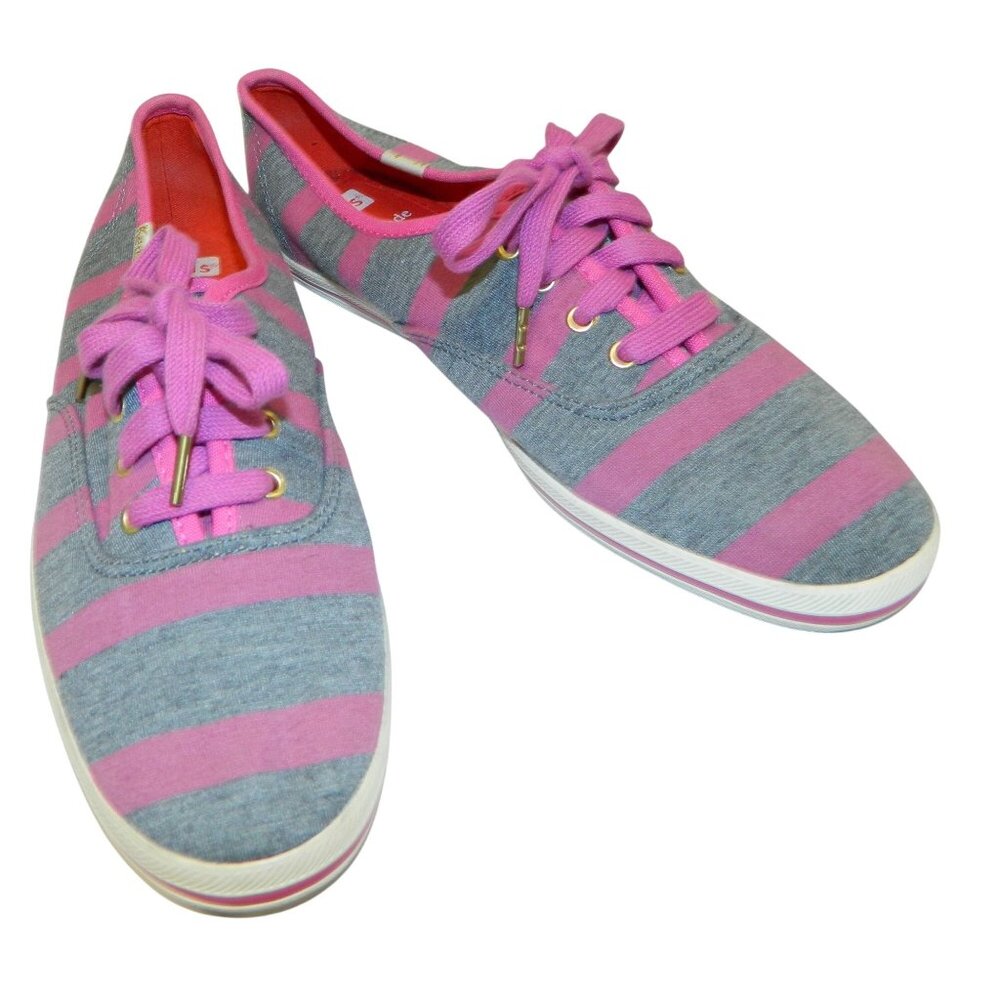 Keds Womens Kate Spade Striped Sneakers Size 7 Pink & Gray Canvas Lace-Up